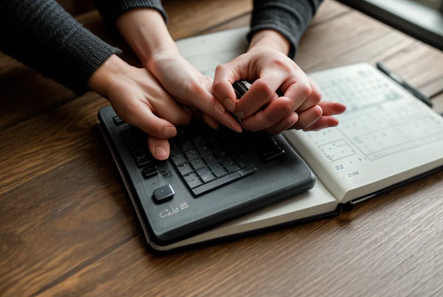 Mains tenant une calculatrice et un carnet de notes sur un chantier.