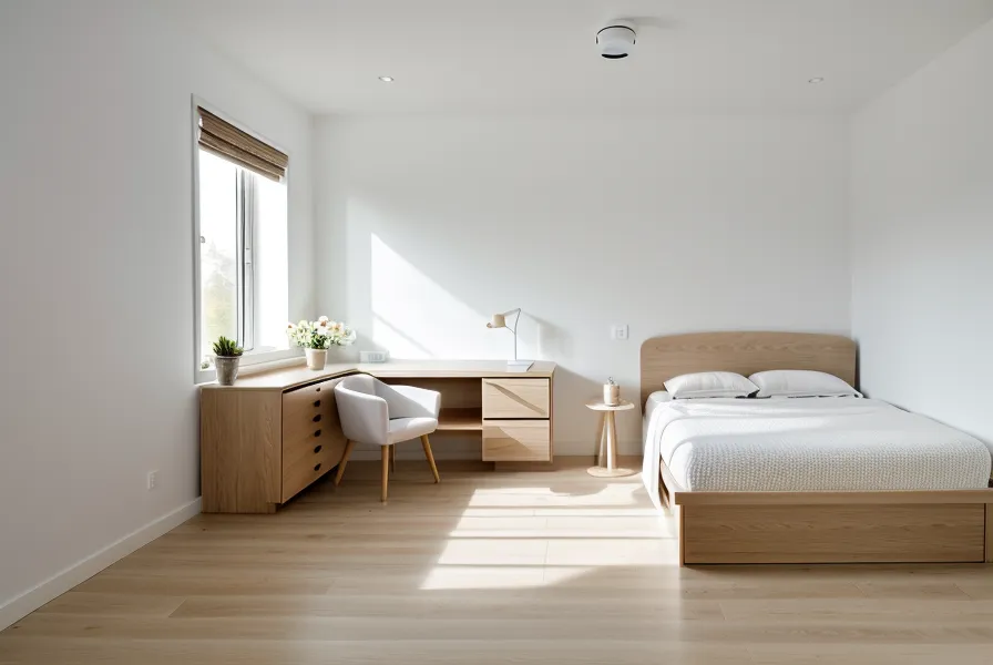 Une chambre de colocation terminée avec des murs blancs et du parquet.