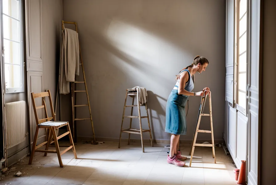 Détail de documents juridiques posés sur le sol poussiéreux d'un chantier de rénovation.