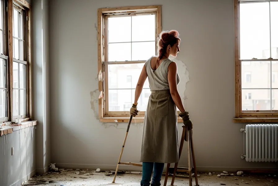 Pauline examinant des notes sur la législation locative écrites directement sur un mur en travaux.