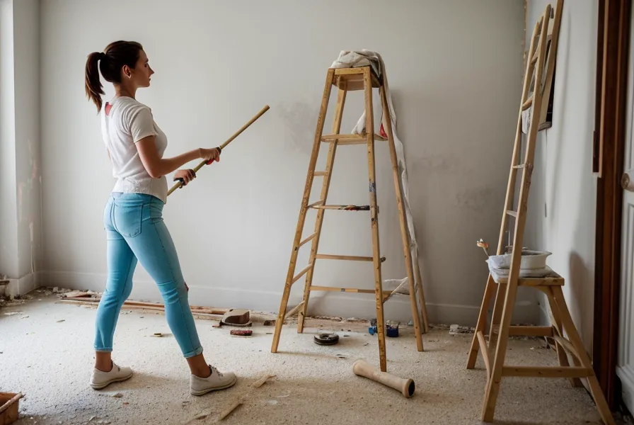 Pauline et son frère discutant des plans devant un mur en cours de peinture.