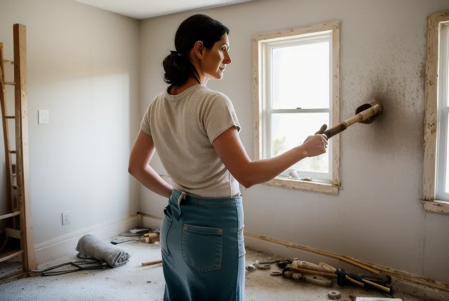 Ordinateur portable posé sur un seau de plâtre sur un chantier
