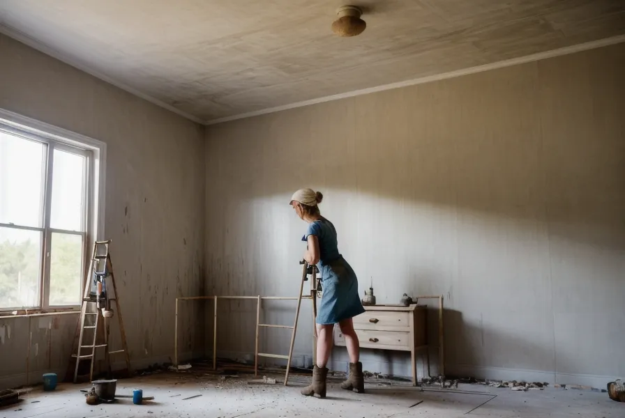 Gros plan sur des mains peignant un mur dans un appartement en travaux.