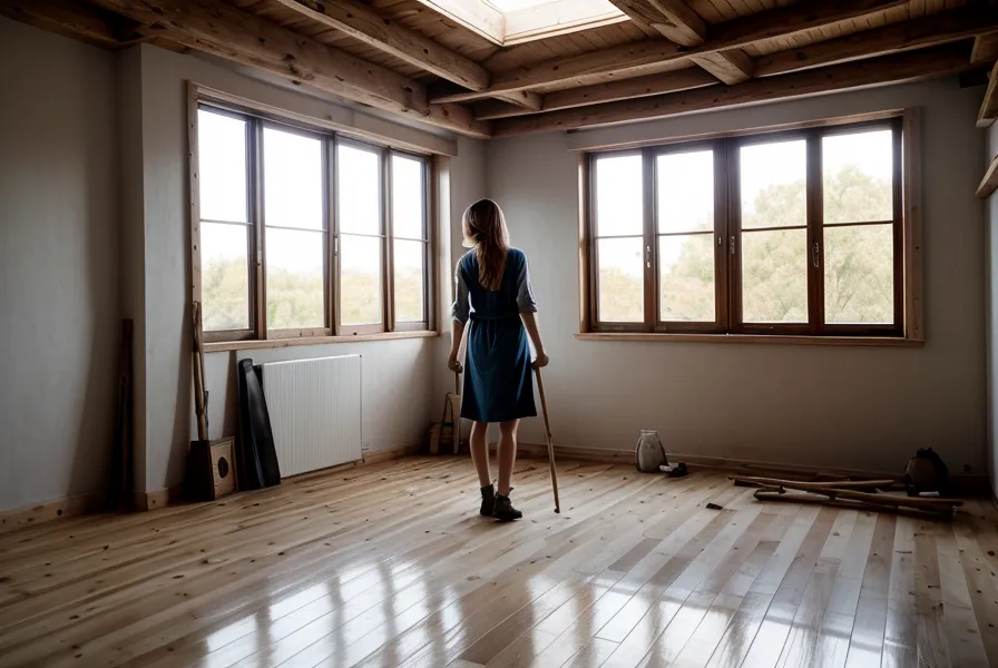 Pose d'une sous-couche acoustique sur un vieux carrelage avant l'installation du parquet